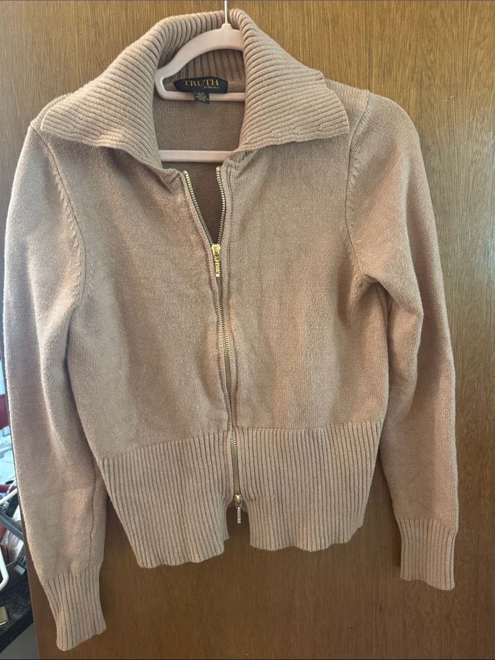 Truth Taupe Zip-Front Ribbed Collar Cardigan